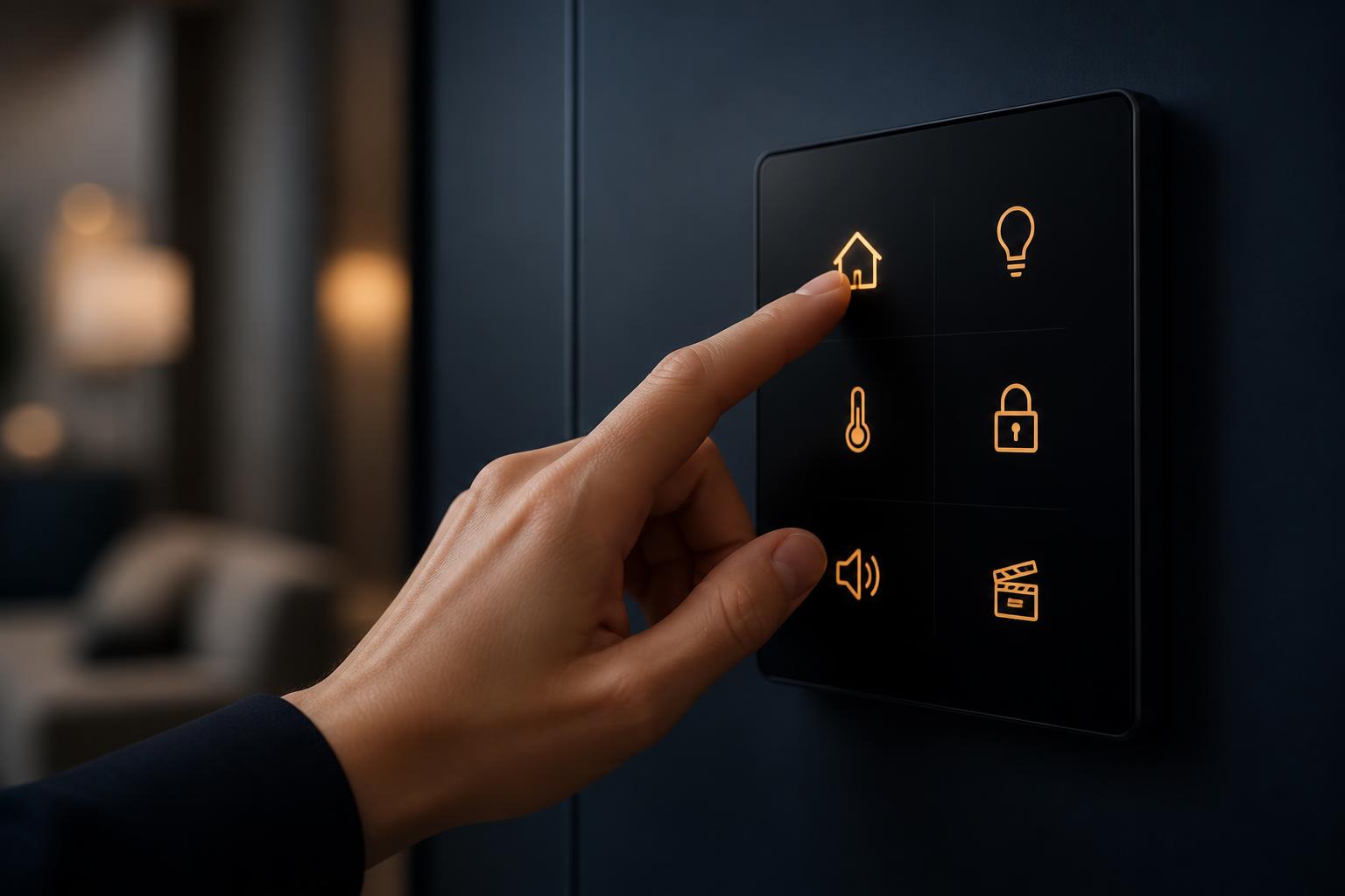 Painel de automação residencial com ícones iluminados sendo acionado