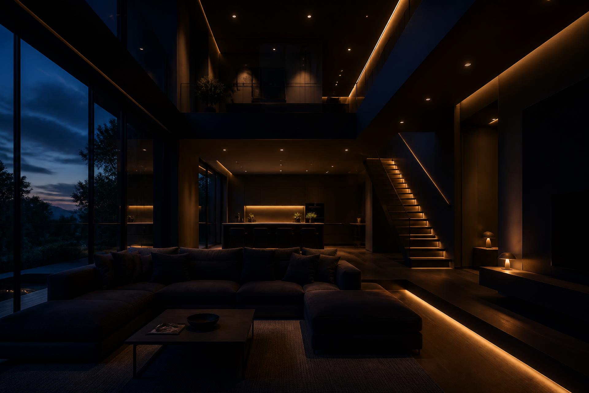 Sala residencial moderna com iluminação embutida instalada pela DA Elétrica em Maringá