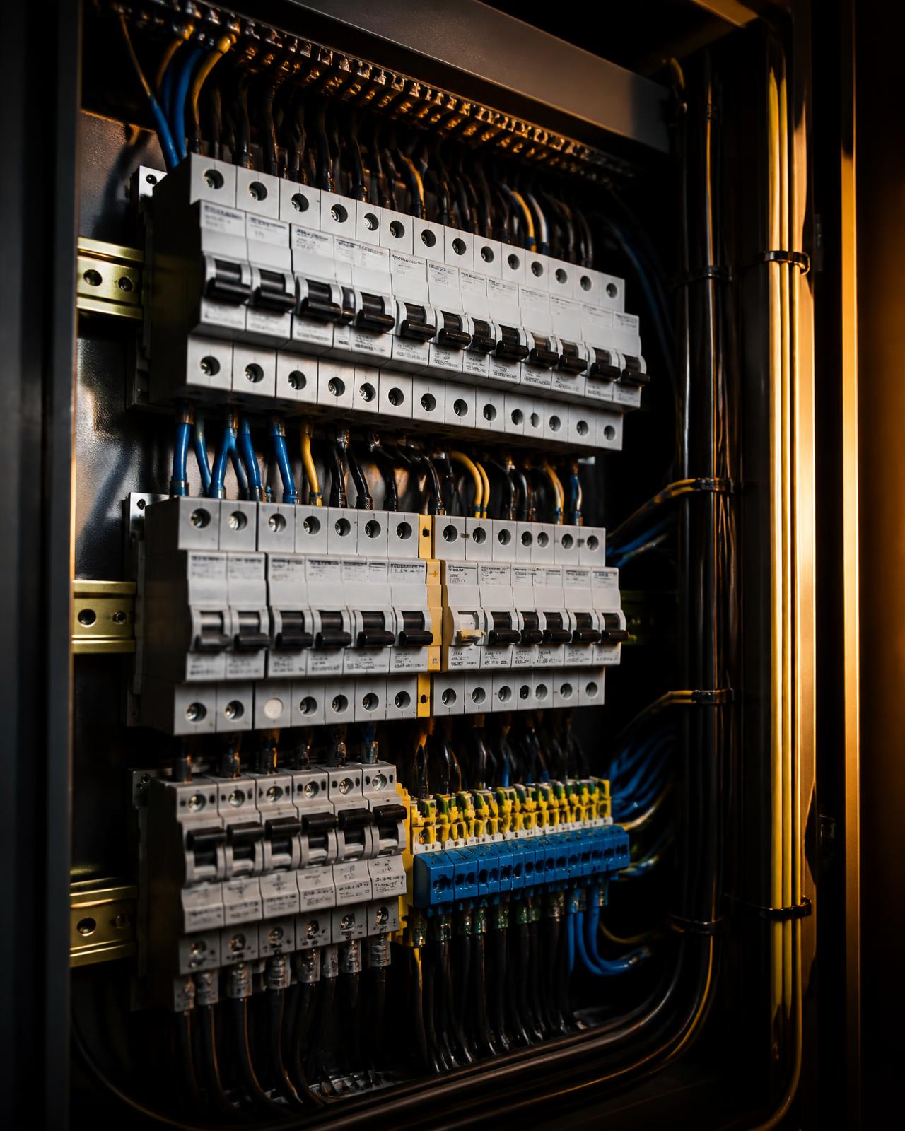 Quadro elétrico residencial organizado com disjuntores identificados